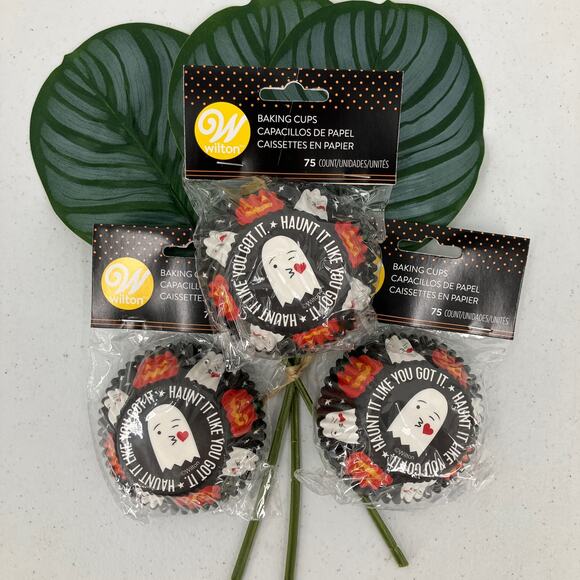 Wilton Black White Orange Emoji Ghost Pumpkin Halloween Baking Cupcake Cup Liner - Picture 1 of 4